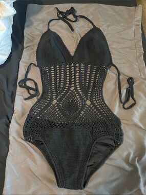 Hot Miami Styles Black Crochet One-Piece Swimsuit